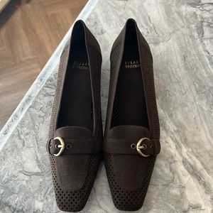 Stuart Weitzman choc brown loafers w kitten type heel worn twice Size 39